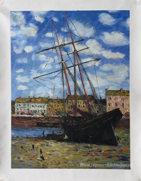 Boot bij eb in Fecamp – met de hand geschilderde reproductie, foto van het voltooide schilderij
