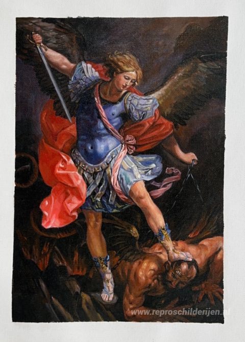 De aartsengel Michaël verslaat Satan – met de hand geschilderde reproductie, foto van het voltooide schilderij