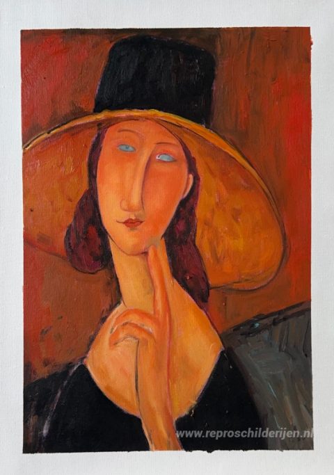 Portret van Jeanne Hebuterne in een grote hoed – met de hand geschilderde reproductie, foto van het voltooide schilderij