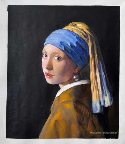 Het meisje met de parel – met de hand geschilderde reproductie, foto van het voltooide schilderij