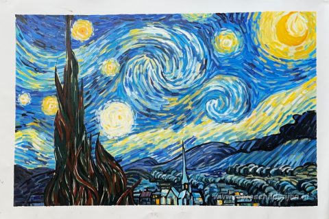 De Sterrennacht – met de hand geschilderde reproductie, foto van het voltooide schilderij