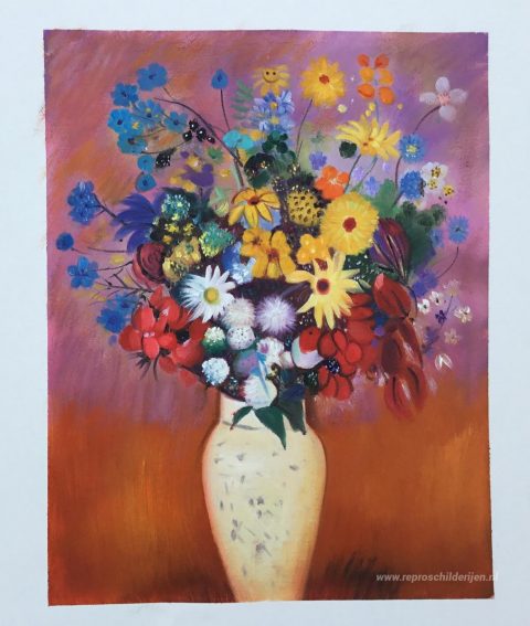 Witte vaas met bloemen – met de hand geschilderde reproductie, foto van het voltooide schilderij