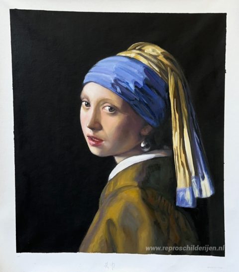 Het meisje met de parel – met de hand geschilderde reproductie, foto van het voltooide schilderij