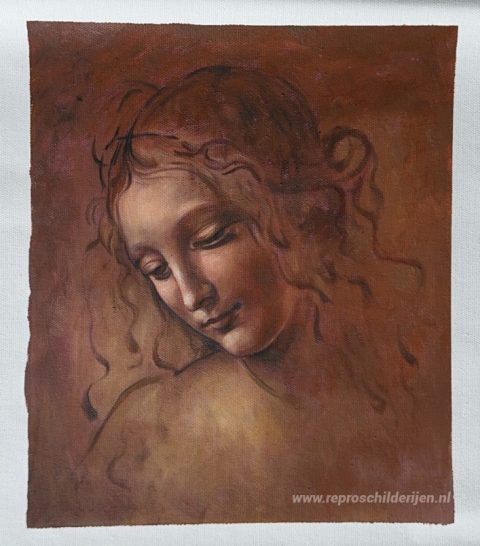 Hoofd van een jonge vrouw met warrig haar (Leda) – met de hand geschilderde reproductie, foto van het voltooide schilderij