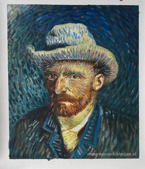 Zelfportret met vilten hoed – met de hand geschilderde reproductie, foto van het voltooide schilderij