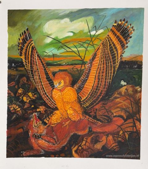 Adelaars met vos – met de hand geschilderde reproductie, foto van het voltooide schilderij