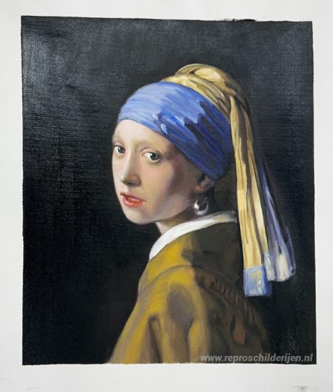 Het meisje met de parel – met de hand geschilderde reproductie, foto van het voltooide schilderij