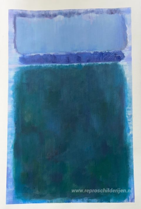 Zonder titel (groen op blauw) – met de hand geschilderde reproductie, foto van het voltooide schilderij