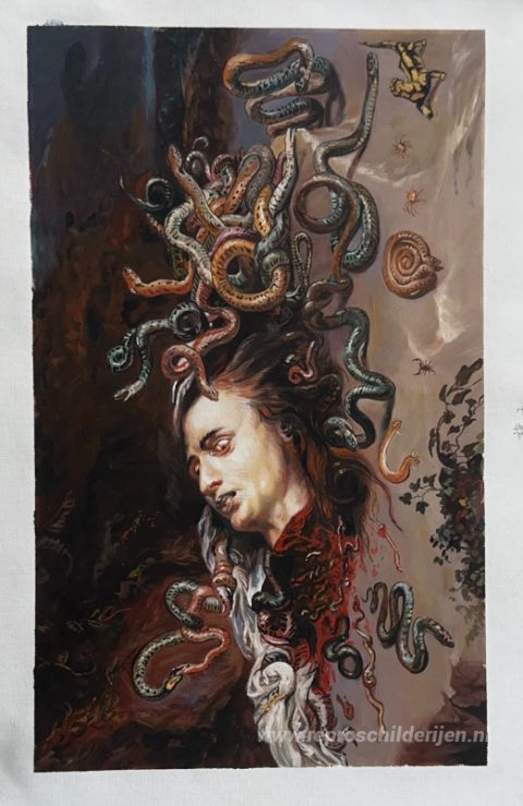 Hoofd van Medusa – met de hand geschilderde reproductie, foto van het voltooide schilderij