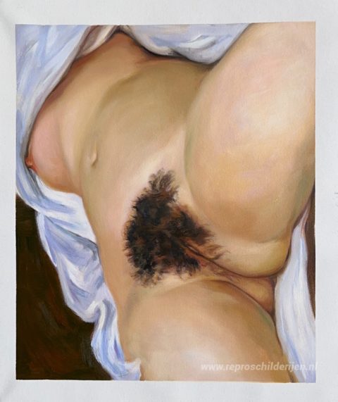 De oorsprong van de wereld – met de hand geschilderde reproductie, foto van het voltooide schilderij