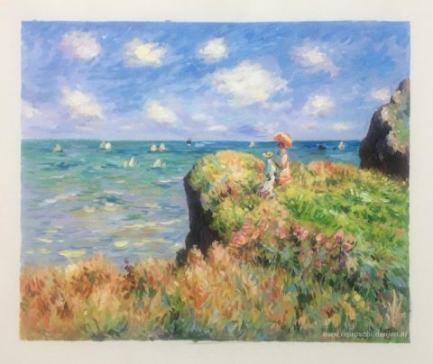 Clifftopwandeling bij Pourville – met de hand geschilderde reproductie, foto van het voltooide schilderij