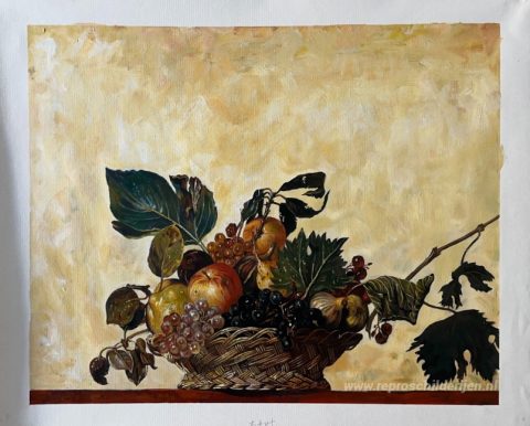 Fruitmand – met de hand geschilderde reproductie, foto van het voltooide schilderij