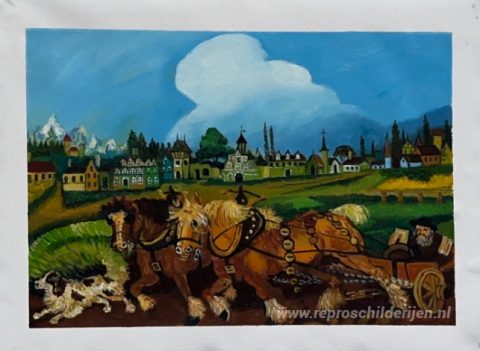 Beplanting met paarden – met de hand geschilderde reproductie, foto van het voltooide schilderij