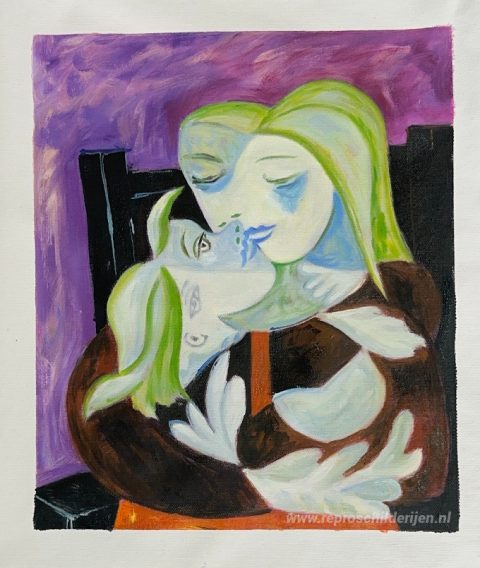 Moeder en kind (Marie-Thérèse en Maya) – met de hand geschilderde reproductie, foto van het voltooide schilderij