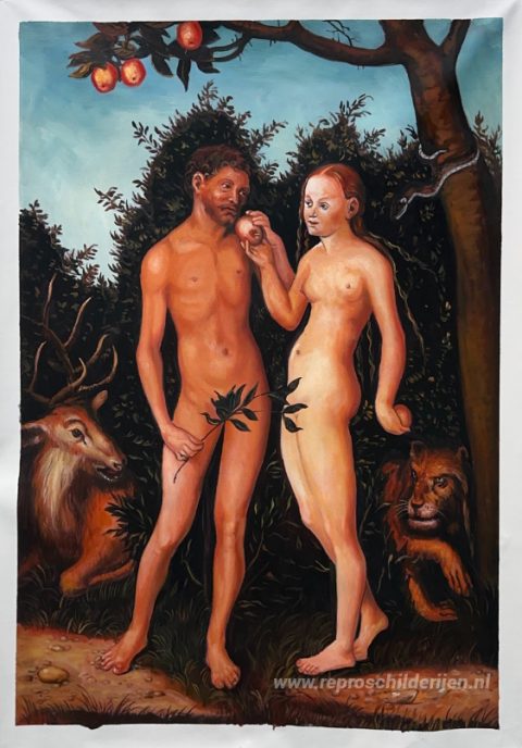 Adam en Eva – met de hand geschilderde reproductie, foto van het voltooide schilderij