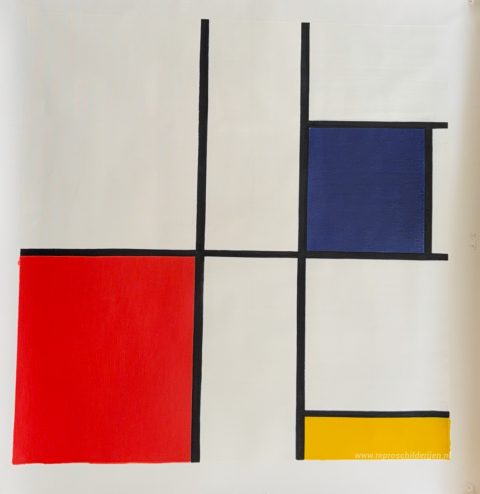 Samenstelling C (nr.III) met rood, geel en blauw – met de hand geschilderde reproductie, foto van het voltooide schilderij