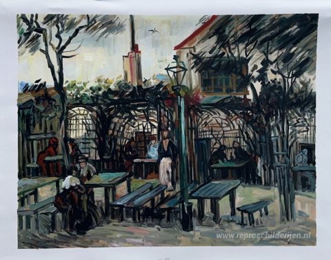 Terras van een café op Montmartre "La Guinguette" – met de hand geschilderde reproductie, foto van het voltooide schilderij