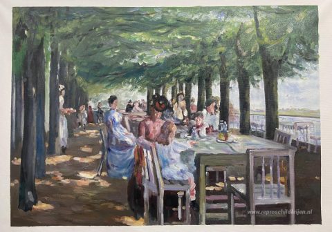 Het terras bij restaurant Jacob in Nienstedten aan de Elbe – met de hand geschilderde reproductie, foto van het voltooide schilderij