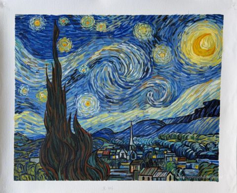 De Sterrennacht – met de hand geschilderde reproductie, foto van het voltooide schilderij