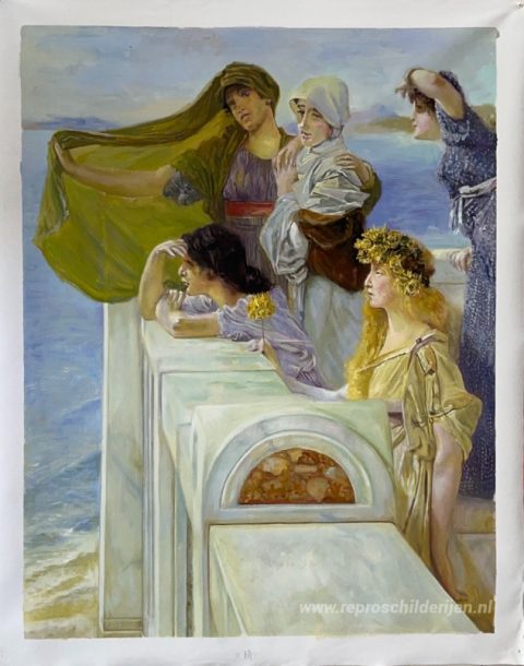 Bij de wieg van Aphrodite – met de hand geschilderde reproductie, foto van het voltooide schilderij