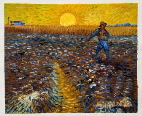 De zaaier (zaaier met ondergaande zon) – met de hand geschilderde reproductie, foto van het voltooide schilderij