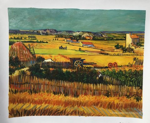 Oogst in La Crau, met Montmajour op de achtergrond – met de hand geschilderde reproductie, foto van het voltooide schilderij