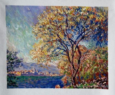 Antibes gezien vanuit de Salis-tuinen 01 – met de hand geschilderde reproductie, foto van het voltooide schilderij