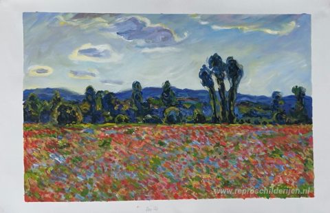Papaverveld in Giverny – met de hand geschilderde reproductie, foto van het voltooide schilderij