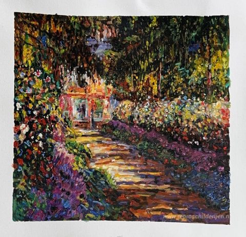 Weg in de tuin van Monet in Giverny – met de hand geschilderde reproductie, foto van het voltooide schilderij