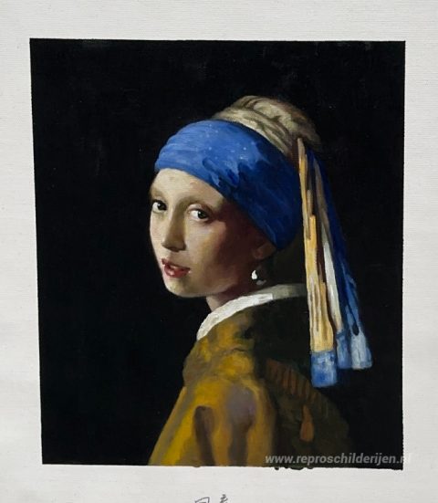 Het meisje met de parel – met de hand geschilderde reproductie, foto van het voltooide schilderij