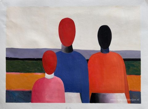 Drie vrouwenfiguren – met de hand geschilderde reproductie, foto van het voltooide schilderij