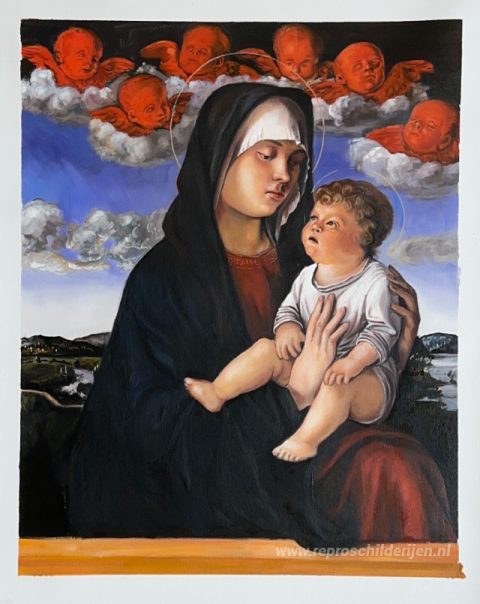 De Madonna van de Rode Cherubijnen – met de hand geschilderde reproductie, foto van het voltooide schilderij