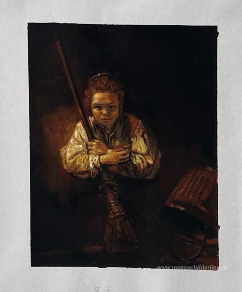 Een meisje met een bezem – met de hand geschilderde reproductie, foto van het voltooide schilderij