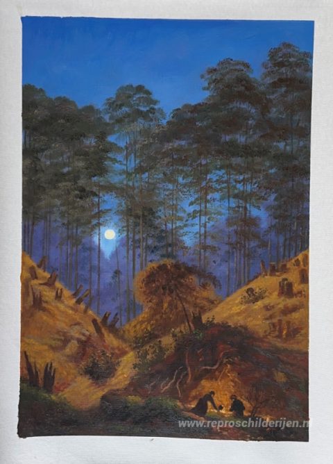 In het bos onder het maanlicht – met de hand geschilderde reproductie, foto van het voltooide schilderij