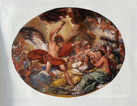 Genie roept de schone kunsten op om fabrieken en handel te versi – met de hand geschilderde reproductie, foto van het voltooide schilderij