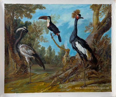 Jufferkraanvogel, Toekan en Getufte Kraanvogel – met de hand geschilderde reproductie, foto van het voltooide schilderij