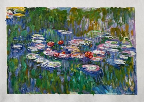 Waterlelies – met de hand geschilderde reproductie, foto van het voltooide schilderij