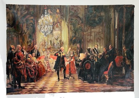 Fluitconcert met Frederik de Grote in Sanssouci – met de hand geschilderde reproductie, foto van het voltooide schilderij