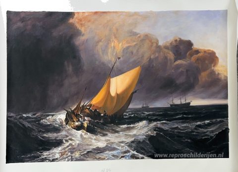 Nederlandse vissersboten in een storm – met de hand geschilderde reproductie, foto van het voltooide schilderij