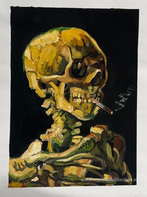 Schedel met brandende sigaret – met de hand geschilderde reproductie, foto van het voltooide schilderij
