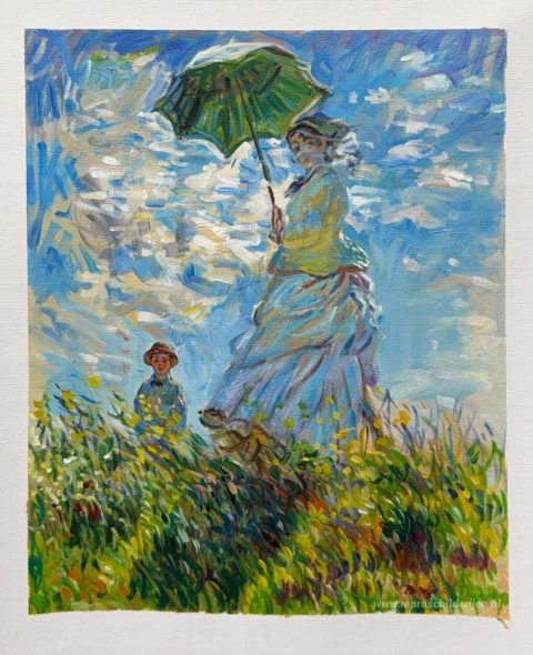 De Promenade, Vrouw met parasol – met de hand geschilderde reproductie, foto van het voltooide schilderij