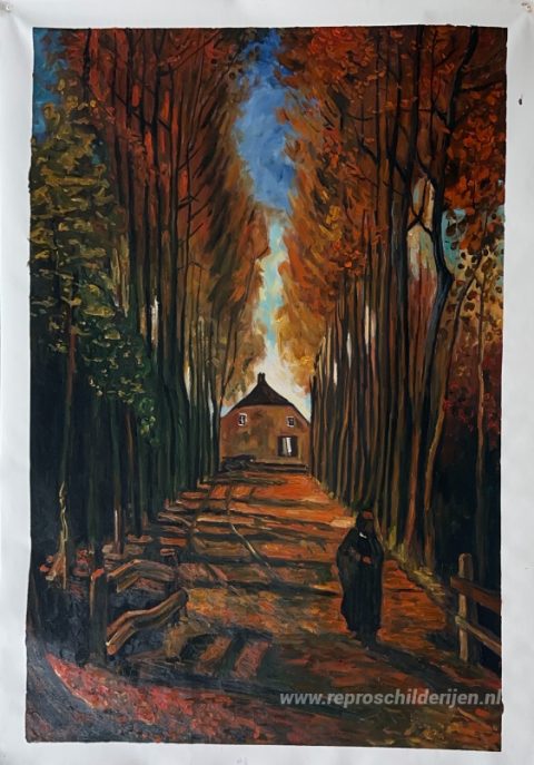 Laan van populieren bij zonsondergang  – met de hand geschilderde reproductie, foto van het voltooide schilderij