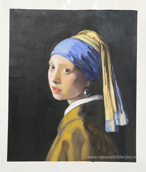 Het meisje met de parel – met de hand geschilderde reproductie, foto van het voltooide schilderij