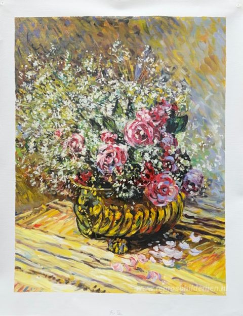 Bloemen in een pot – met de hand geschilderde reproductie, foto van het voltooide schilderij