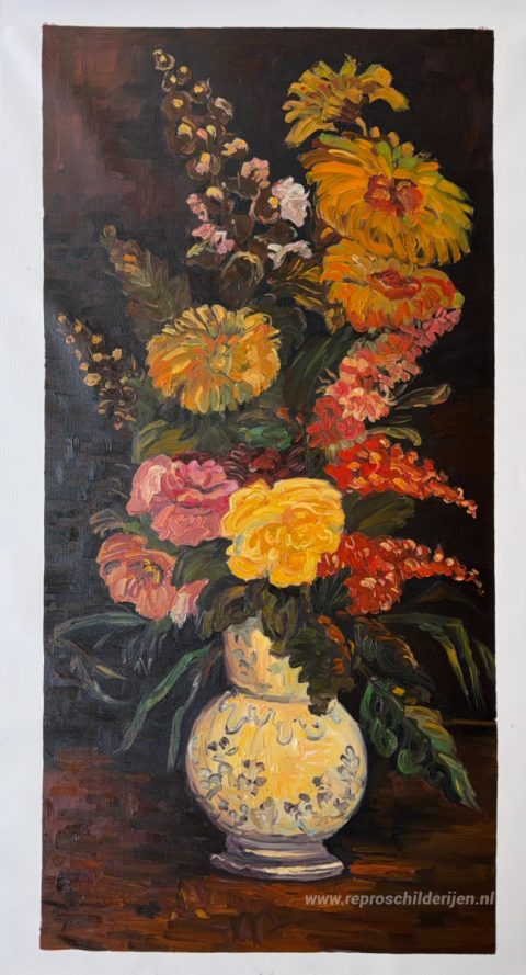 Vaas met Asters, Salvia en Andere Bloemen – met de hand geschilderde reproductie, foto van het voltooide schilderij