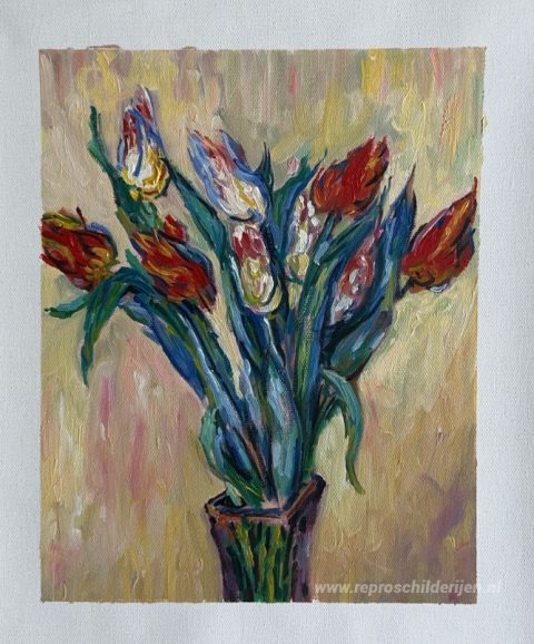 Vaas met tulpen – met de hand geschilderde reproductie, foto van het voltooide schilderij
