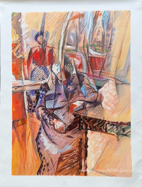Interieur met twee vrouwenfiguren – met de hand geschilderde reproductie, foto van het voltooide schilderij