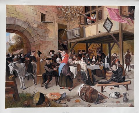 Feest van de Rederijkerskamer bij een stadspoort – met de hand geschilderde reproductie, foto van het voltooide schilderij