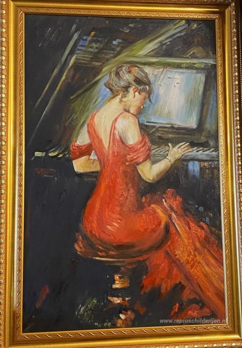 De vrouw in het rood – met de hand geschilderde reproductie, foto van het voltooide schilderij
