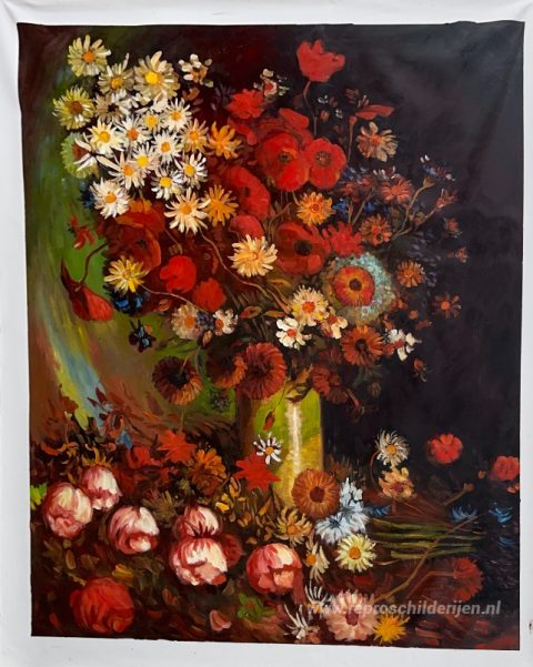 Vaas met klaprozen, korenbloemen, pioenrozen en chrysanten  – met de hand geschilderde reproductie, foto van het voltooide schilderij